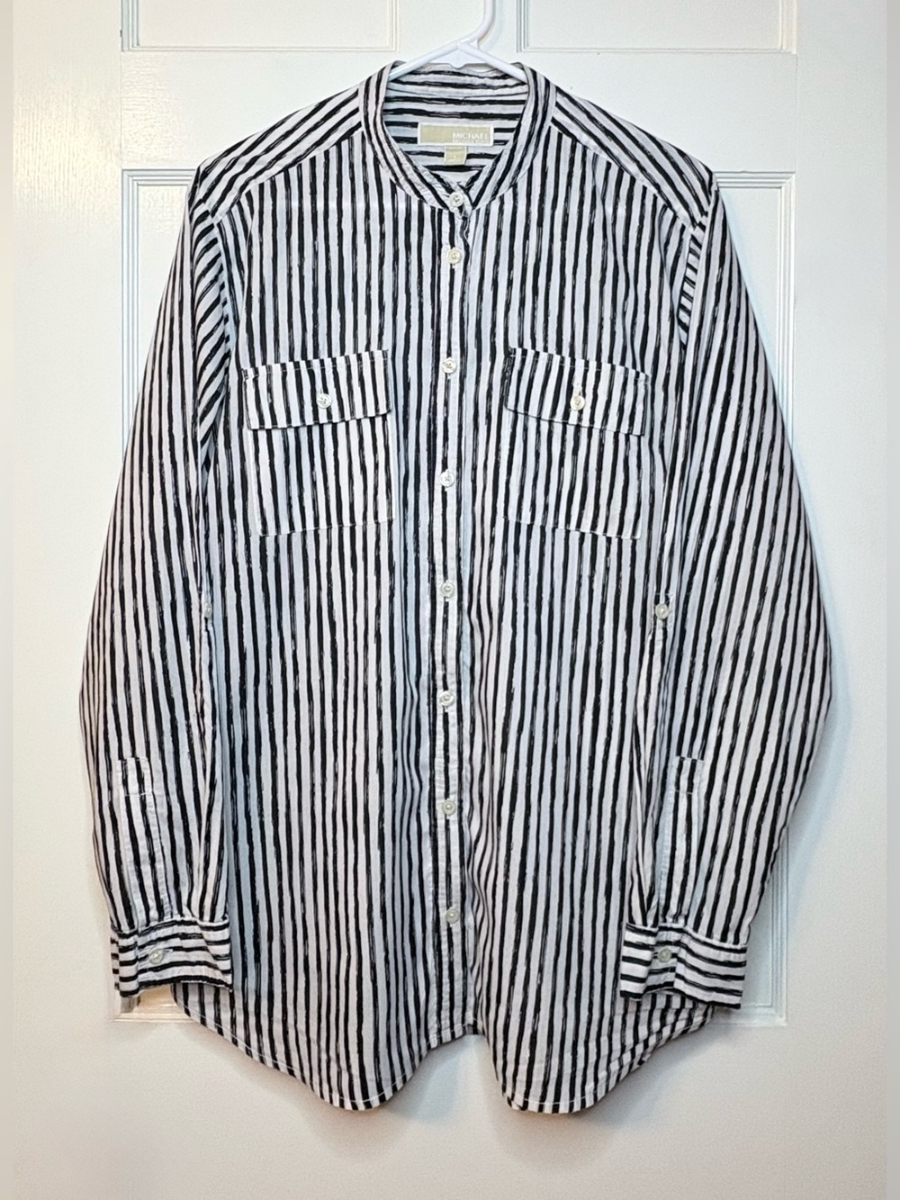 Michael Kors Black and White Striped Long-Sleeve Button-Down Shirt